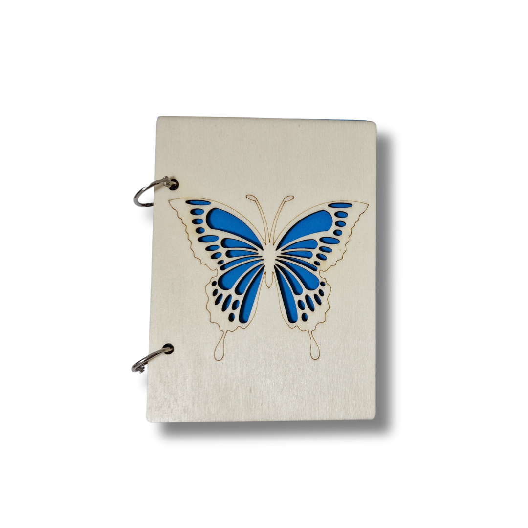 Carnețel reîncărcabil cu coperte din lemn, model fluture - A6