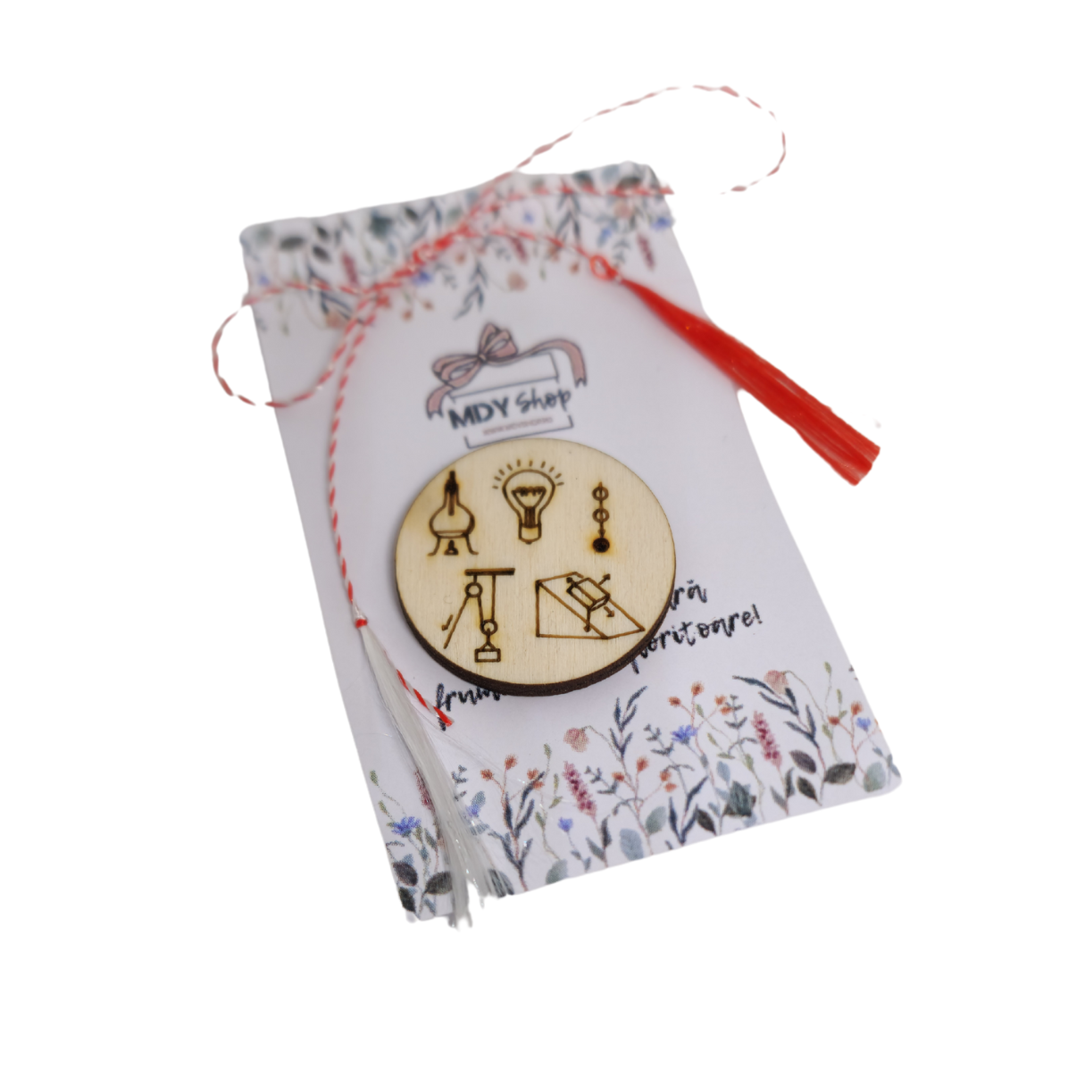 broșă din lemn in forma rotunda cu elemente din fizica pentru mărțișor