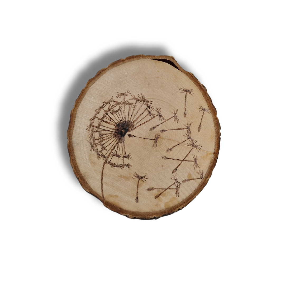 UNICAT - Suport pentru cană/pahar pirogravat manual pe felie de lemn - păpădie