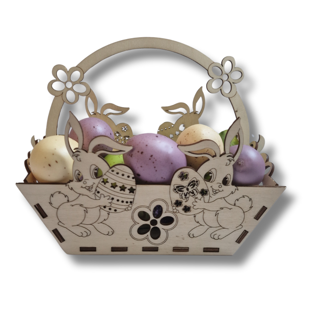 cos pentru oua de paste cu iepurași si floricele din lemn