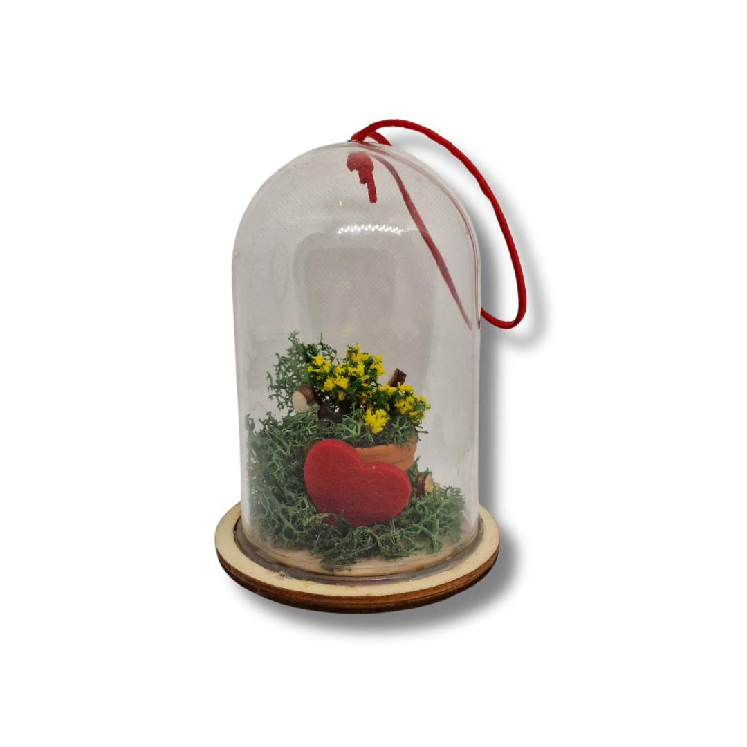 cupola din sticla pe baza din lemn cu un ghiveci cu flori in interior, o inima roșie si licheni stabilizați