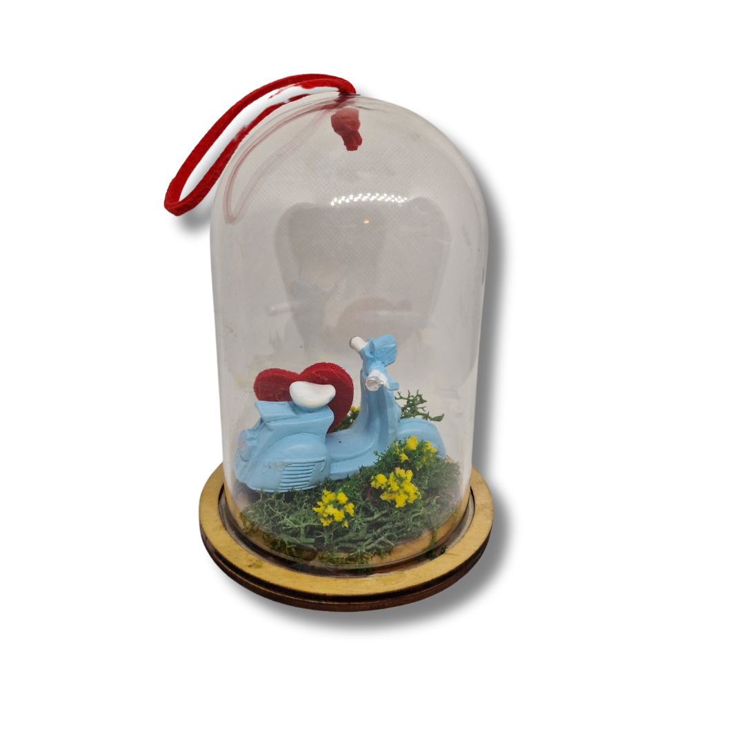 cupola din sticla pe baza din lemn cu un scuter albastru in interior, o inima roșie si licheni stabilizați