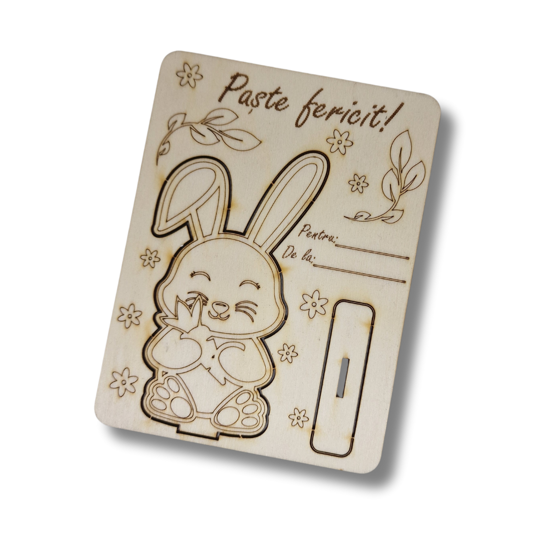 decoratiune de Paste cu iepuras care iese din ou, floricele si textul "Paste fericit!"