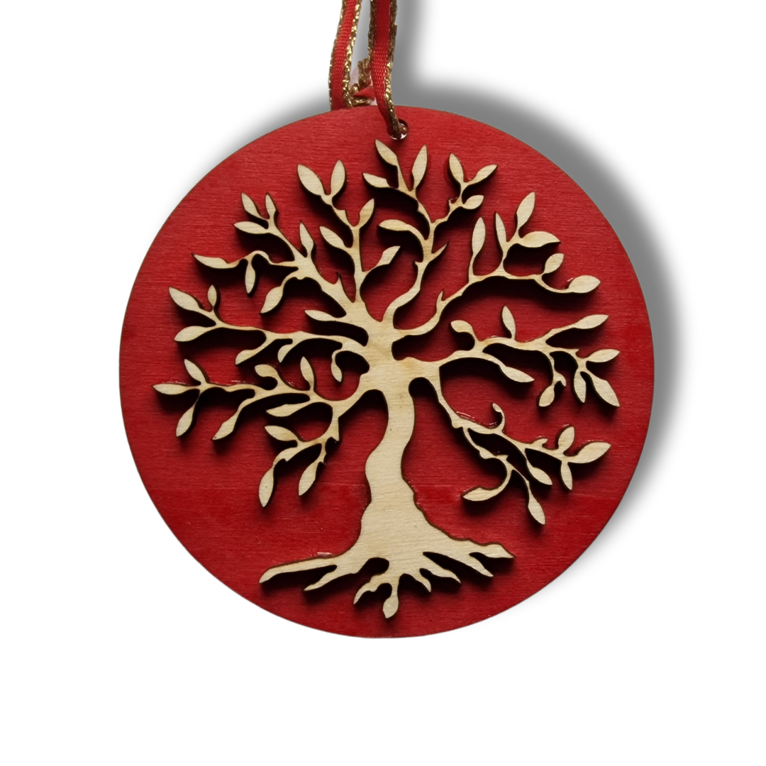 glob roșu de Crăciun din lemn cu copacul vieții