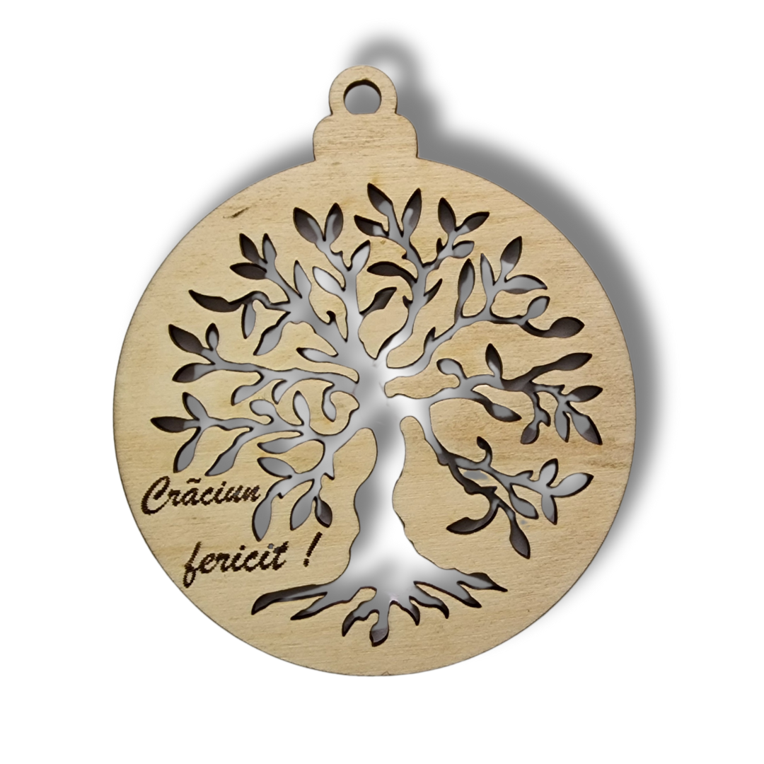 glob bej de Crăciun din lemn cu copacul vieții si mesajul "Crăciun fericit!"