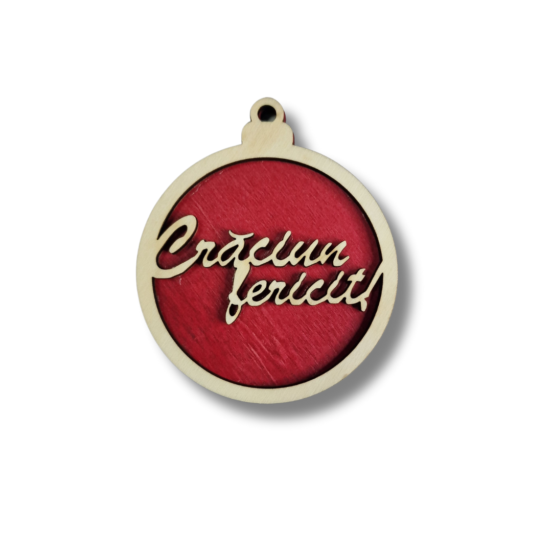 Glob de Crăciun din lemn cu efect 3D și mesaj ”Crăciun fericit!”