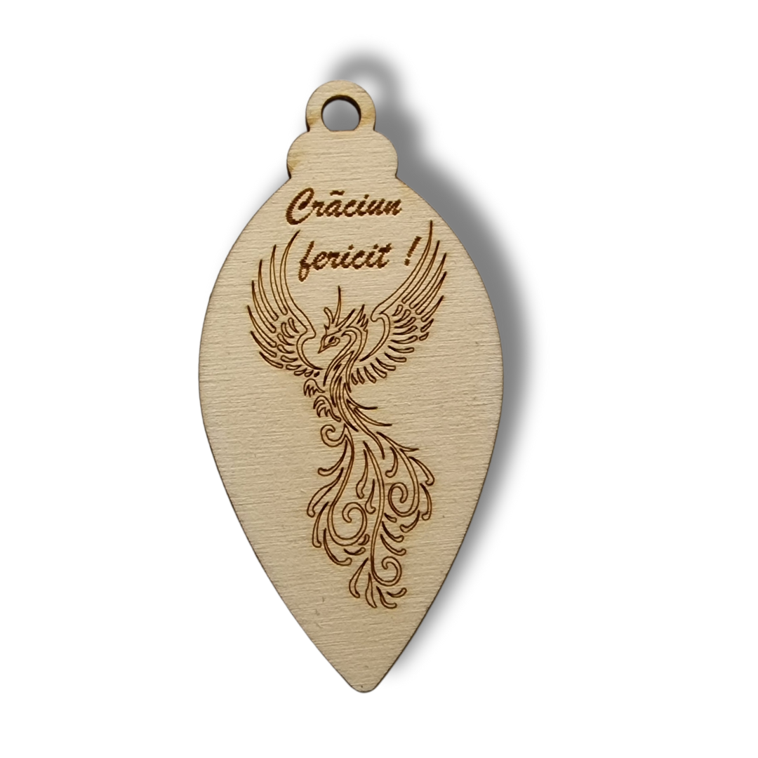 glob bej de Crăciun din lemn cu un phoenix pe el si mesajul "Crăciun fericit!"