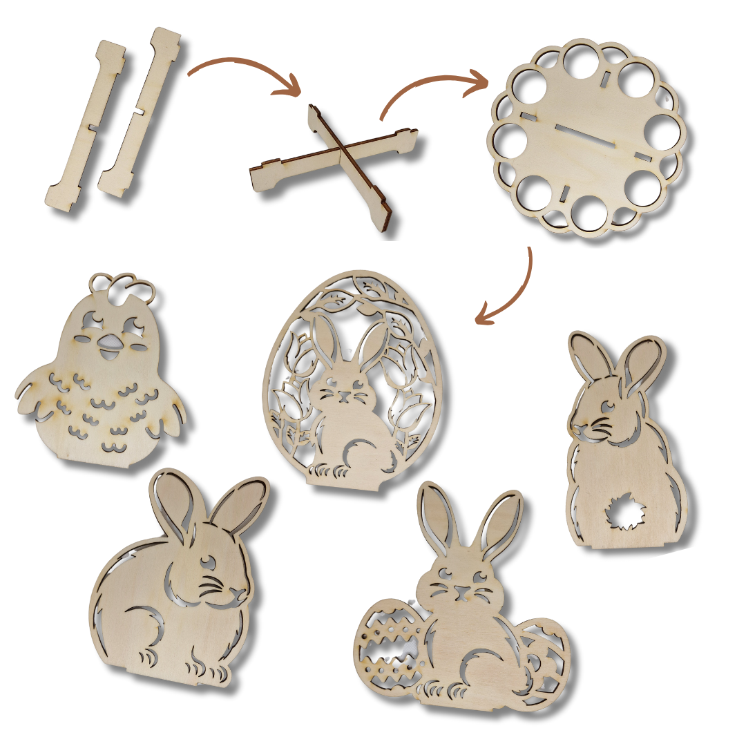 suport pentru oua de Paste din lemn cu diferite forme: iepuraș, puișor, iepuraș cu oua