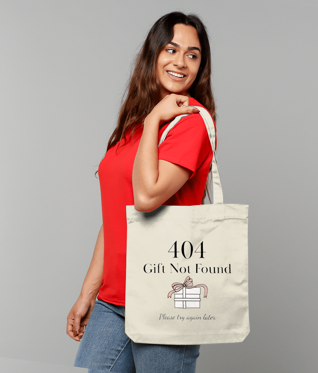 tote bag personalizabil, ambalaj cadou pentru programatori si ITsti cu mesaj ”404 gift not found”