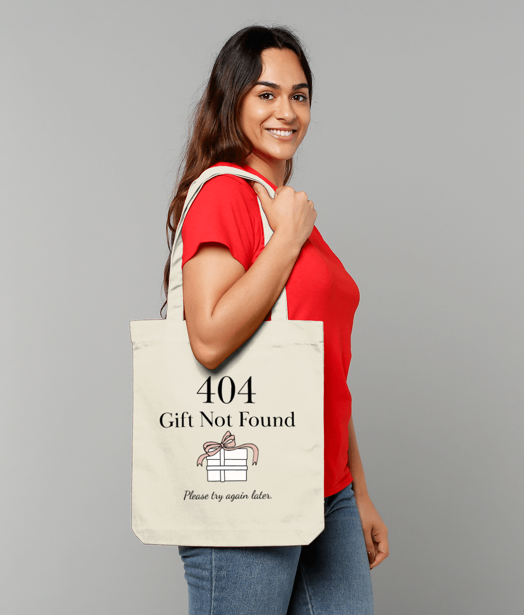 tote bag personalizabil, ambalaj cadou pentru programatori si ITsti cu mesaj ”404 gift not found”