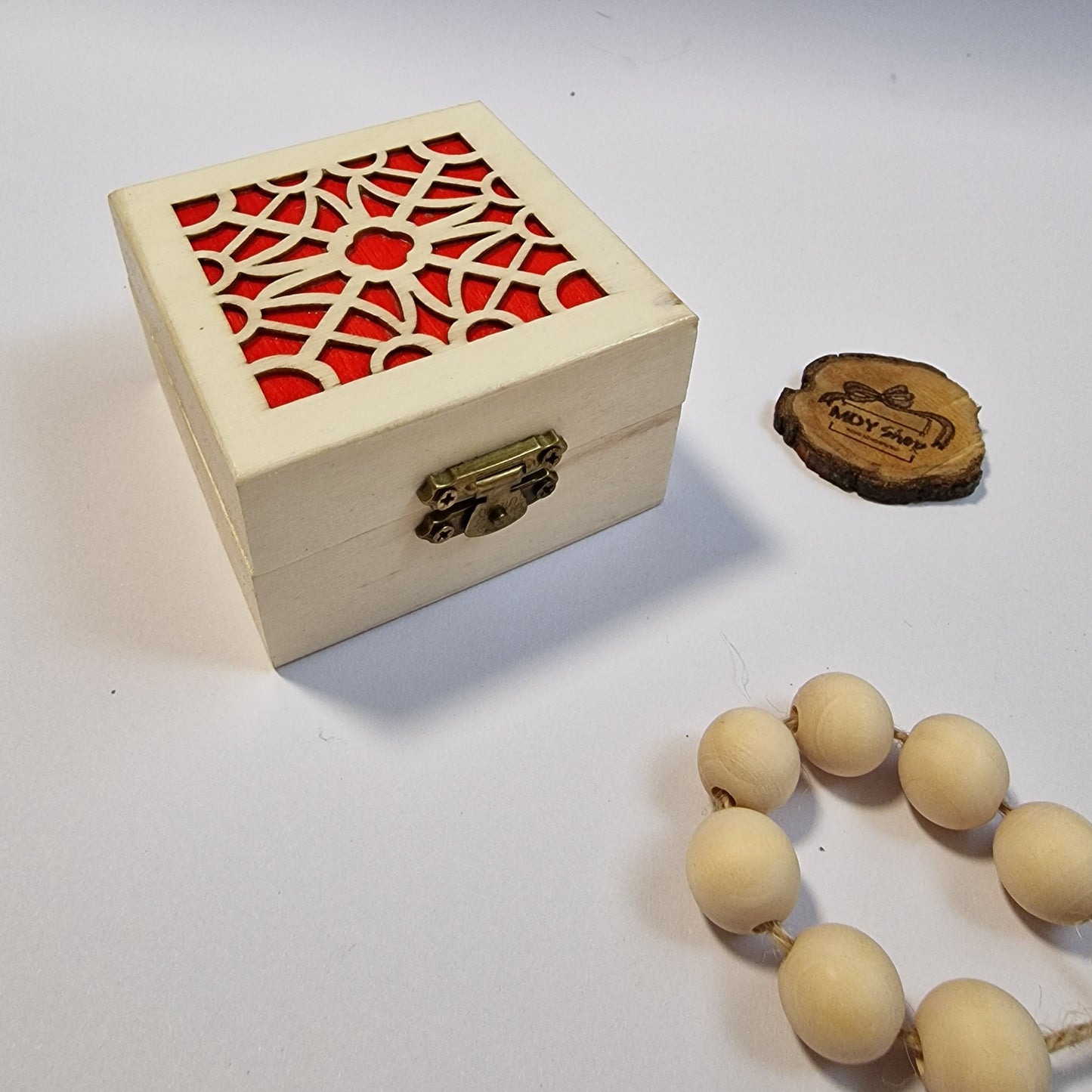 Cutie pătrată din lemn pentru Bijuterii, Verighete sau Cristale - roșu