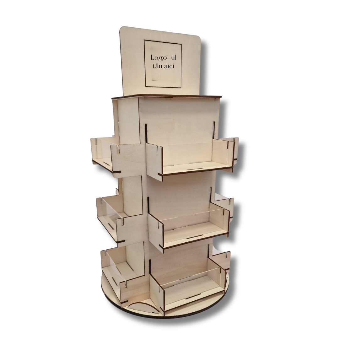 Stand din lemn pentru expoziție rotativ, cu 12 sertare și 3 etaje, personalizabil cu logo