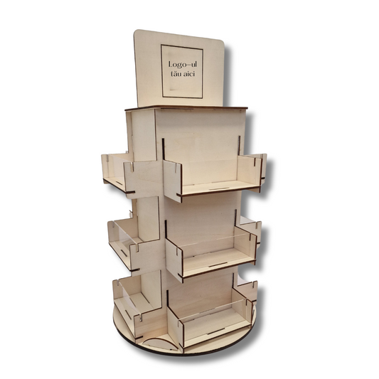Stand din lemn pentru expoziție rotativ, cu 12 sertare și 3 etaje, personalizabil cu logo