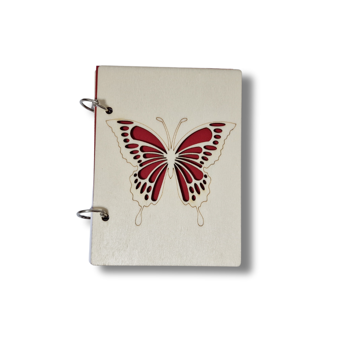 Carnețel reîncărcabil cu coperte din lemn, model fluture - A6