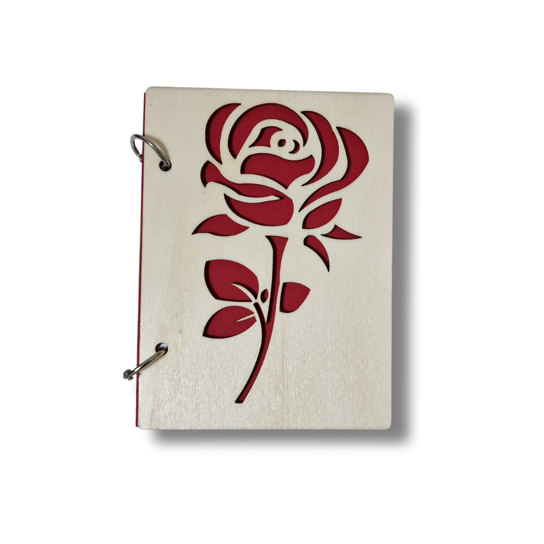 Carnețel reîncărcabil cu coperte din lemn, model trandafir - A6