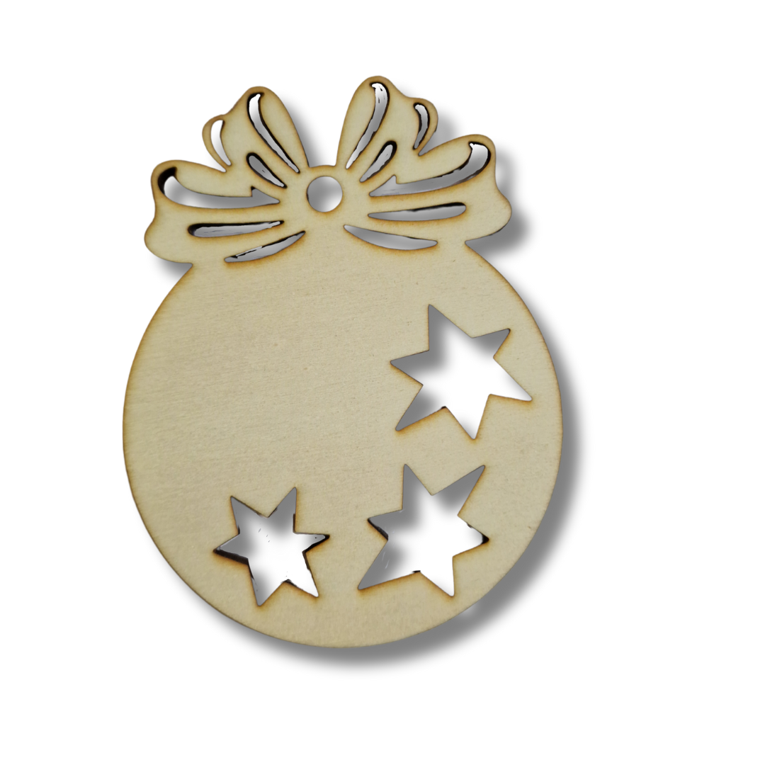 Blank din lemn - Glob de Crăciun rotund cu fundă și steluțe