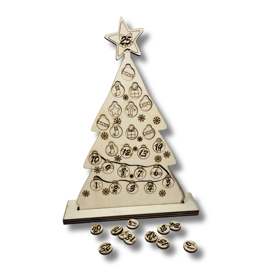 Calendar Advent de Crăciun din lemn, în formă de brăduț, tip puzzle