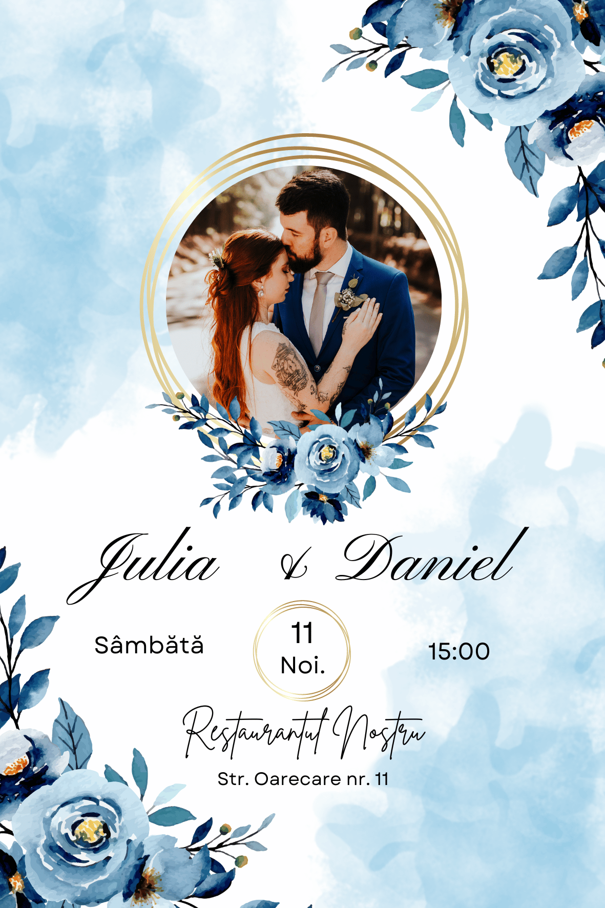 Invitație Digitală de Nuntă - Trandafiri Albaștri - Model 2023 cu fotografie - MDY Shop