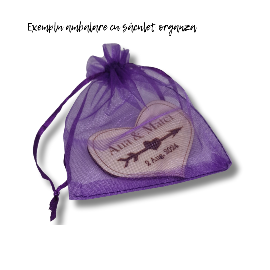 marturie de nunta personalizata ambalata in saculet din organza mov