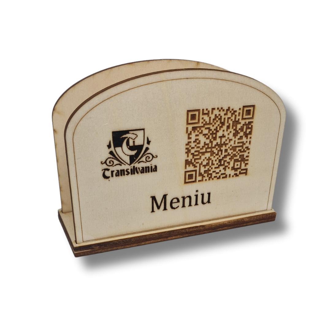 suport de șervețele din lemn, personalizabil cu logo si qr cod pentru meniu 