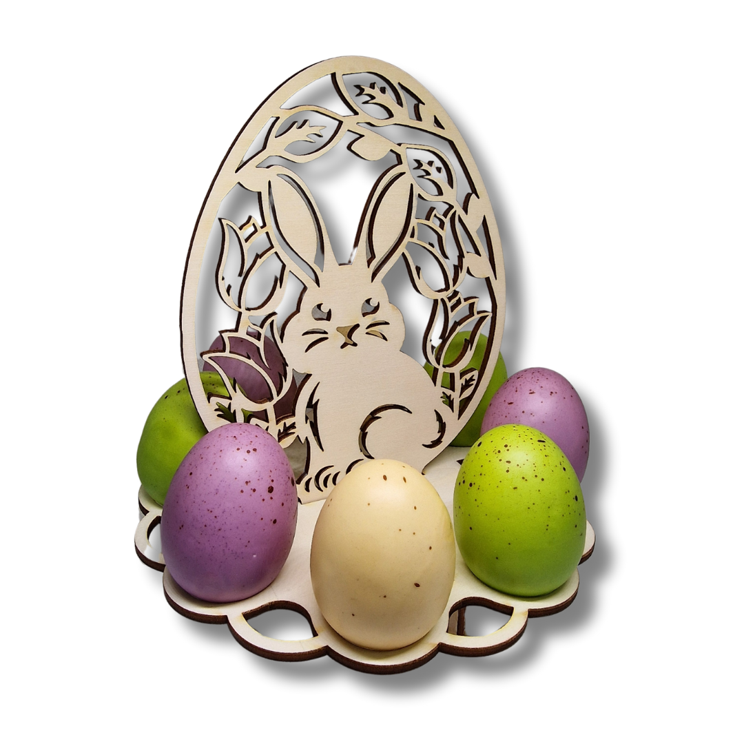 suport pentru oua de Paste din lemn cu iepuras