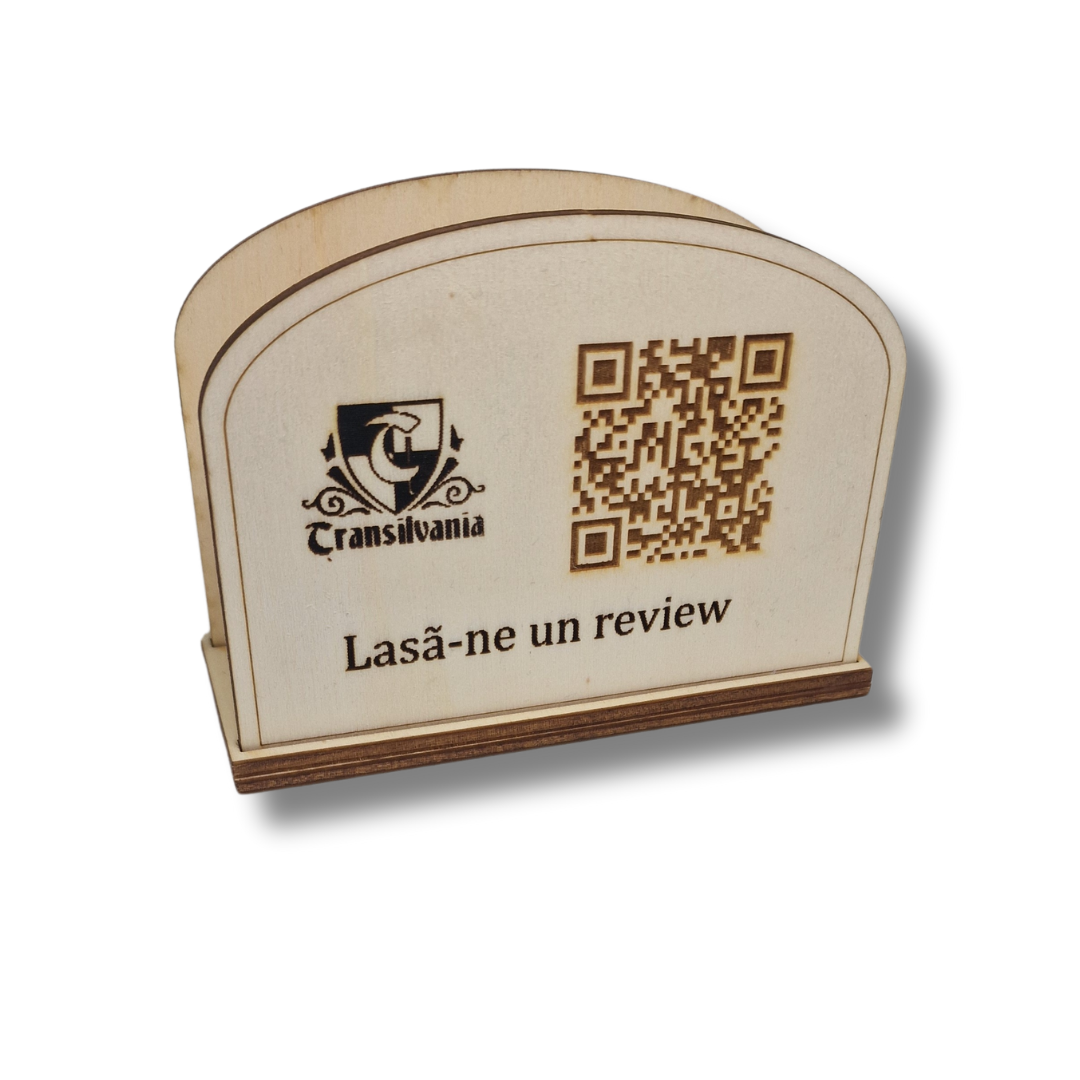 suport șervețele din lemn personalizabil cu codul qr pentru review si logo