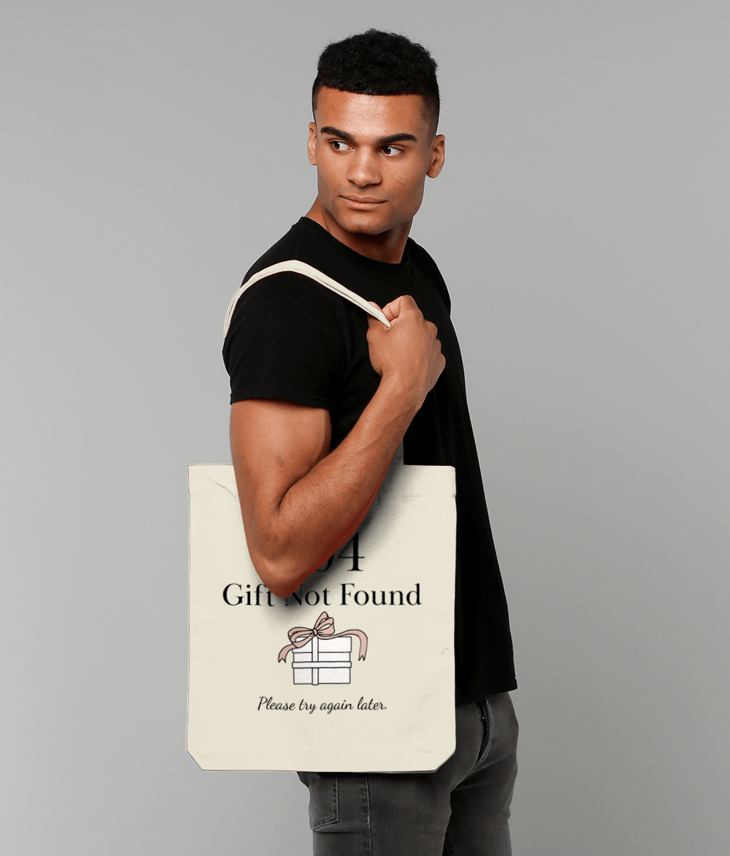 tote bag personalizabil, ambalaj cadou pentru programatori si ITsti cu mesaj ”404 gift not found”